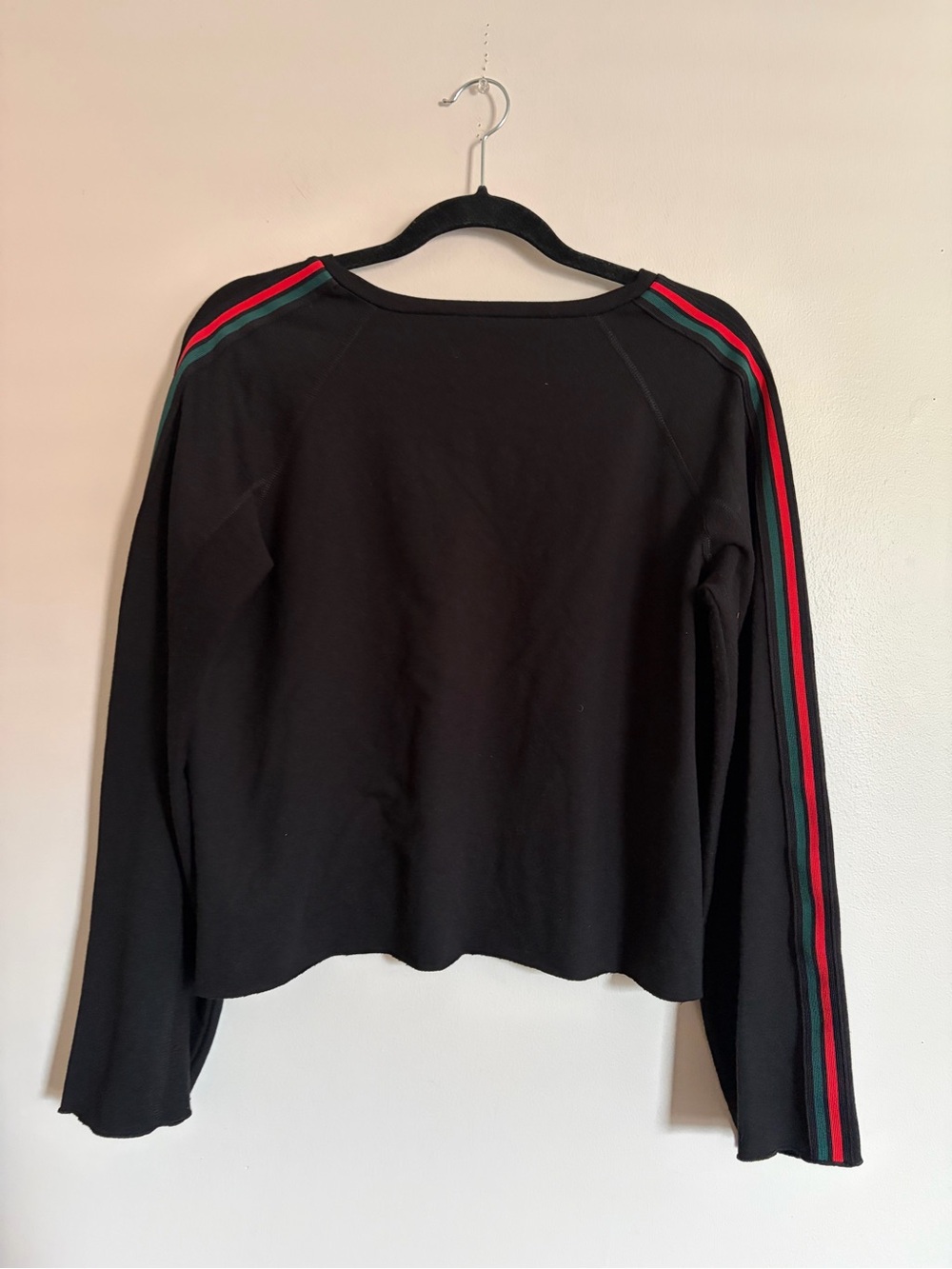Gottex Black Long-Sleeve Crop Top with Red and Green Shoulder Stripes